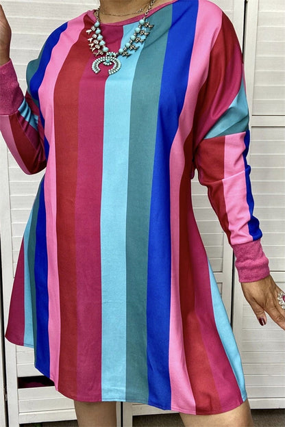  BQ6972  Multi-color striped long sleeve women dress w/waist band 