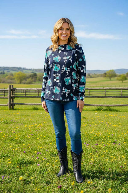 Western riding horse turquoise & green & checkered long sleeve top XCH16871