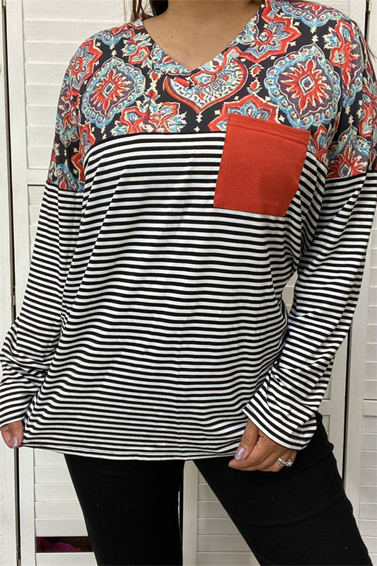 YMY10271 Striped/paisley printed long sleeve top w front pocket