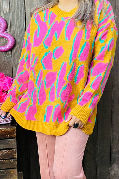 MY13394 Pink/yellow/turquoise leopard print long sleeve sweater