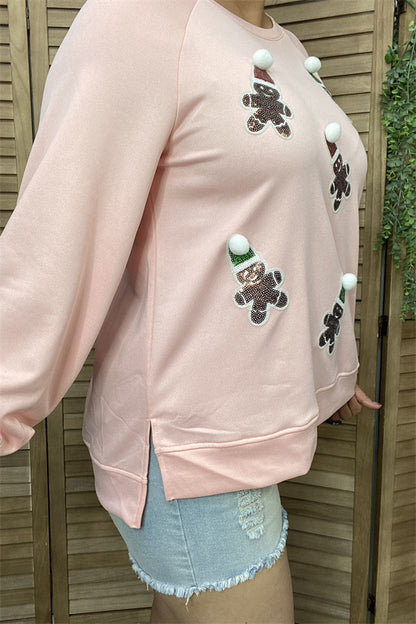 XCH15220 Santa Claus sequin patch in the baby pink solid color long sleeve cardigan design women blouse