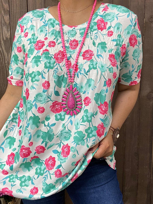 GJQ14533 Fuchsia&Turquoise floral printed w/elastic bust short sleeves women tops