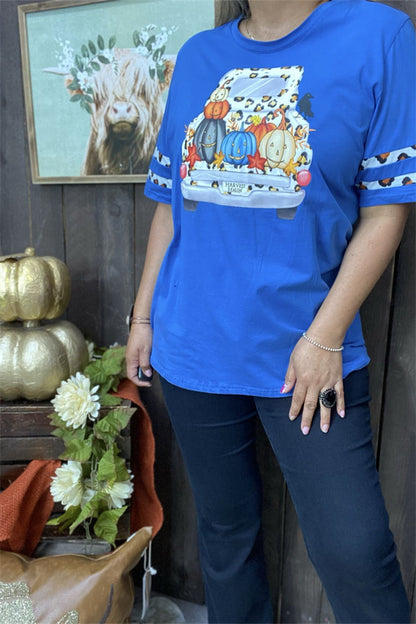 DLH9901 Blue Truck & pumpkin printed short sleeve top