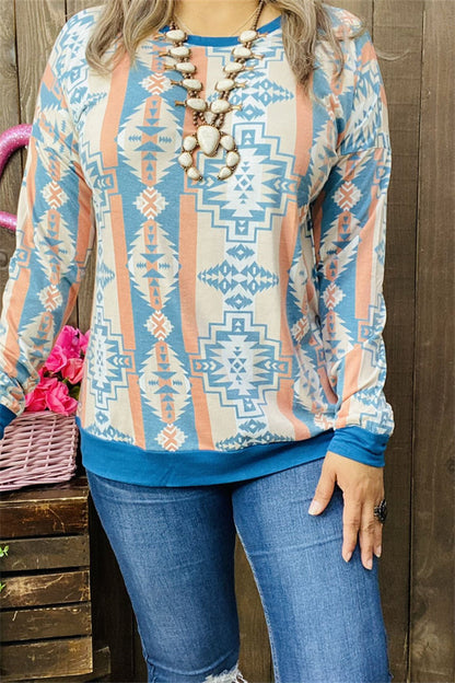 GJQ10223 Solid blue neckline/cuff/hem &Aztec multi color printed long sleeve women top(AS5)