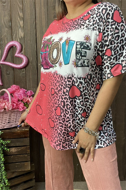 XCH14525 Boots & leopard & cow LOVE graphic hearts printed women top