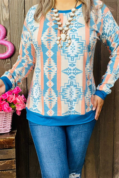 GJQ10223 Solid blue neckline/cuff/hem &Aztec multi color printed long sleeve women top(AS5)