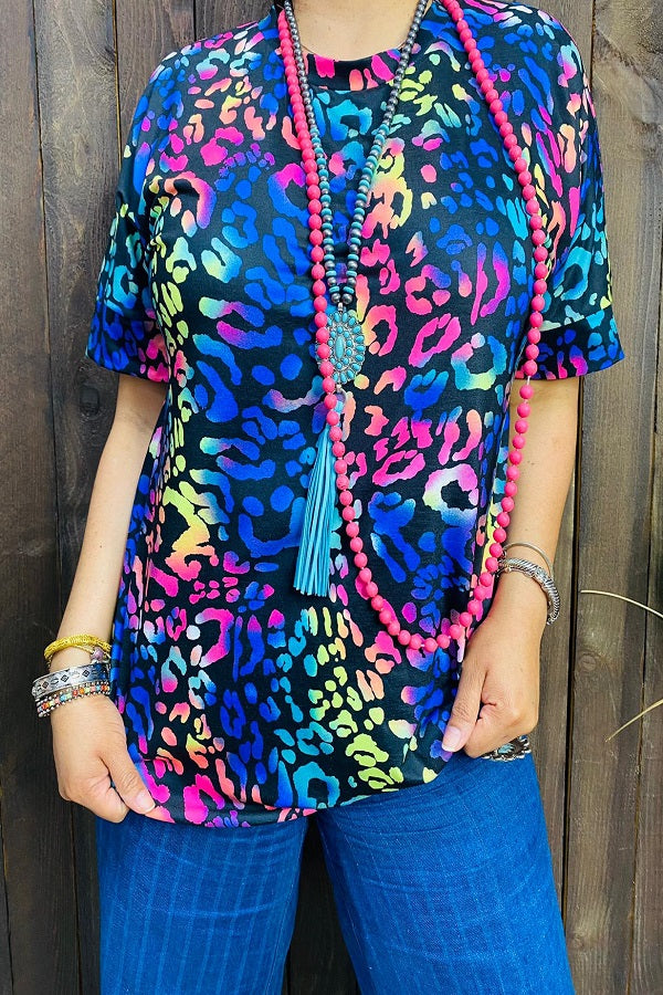 YMY15008 blue&pink mix color leopard printed short sleeves women top