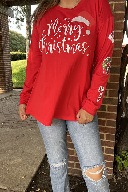 XCH15628 "Merry Christmas"white words printed long sleeve w/sequin Christmas accessories Patches women red tops