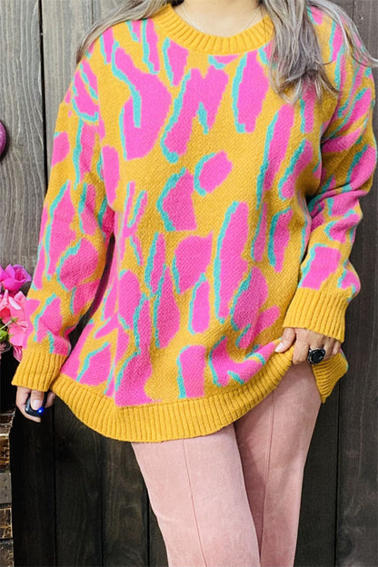 MY13394 Pink/yellow/turquoise leopard print long sleeve sweater