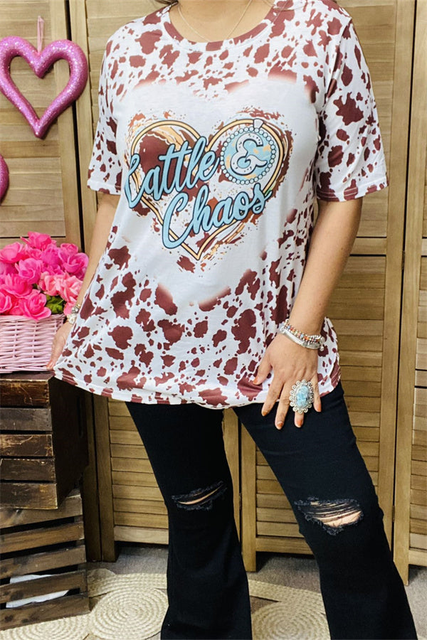 DLH12594 heart&brown leopard printed short sleeve women top