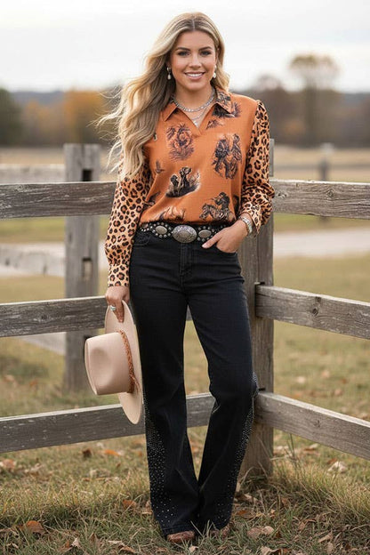 Western patterns & leopard long sleeve women's boutique top Southern Stitch GJQ17207