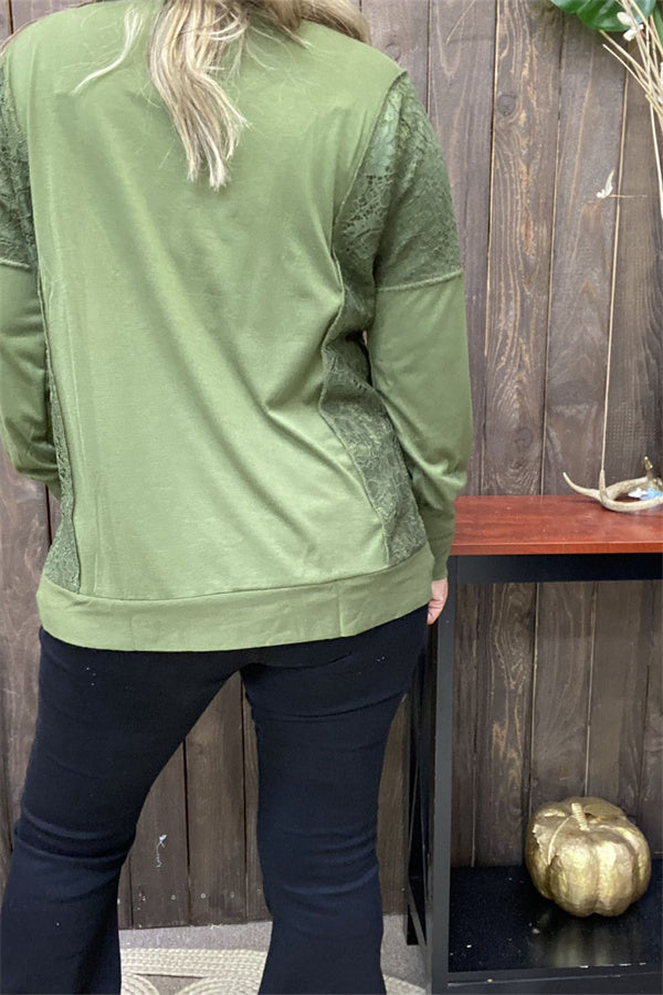 Western Green & lace patchwork long sleeve women's boutique tops GJQ15536