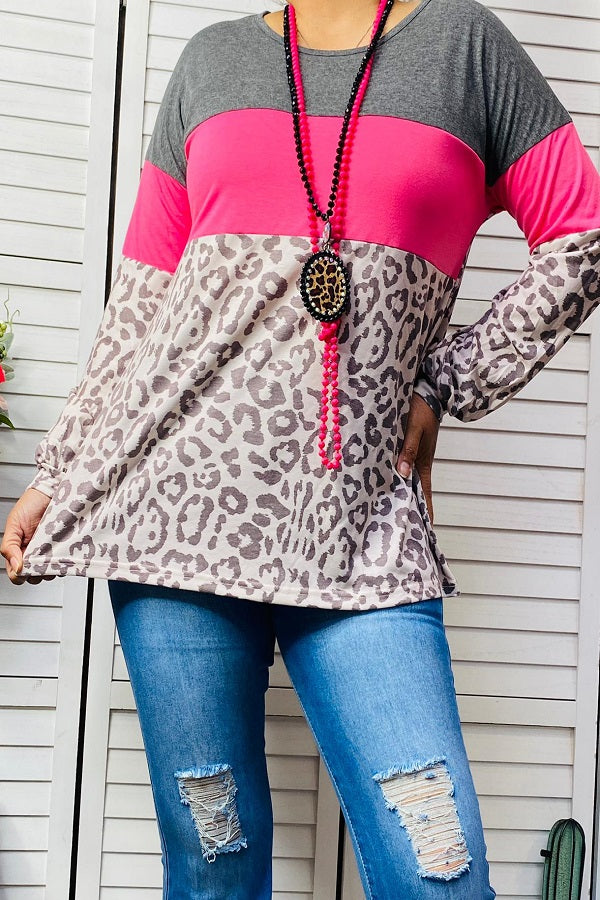 XCH14465 Grey & Pink & Leopard printed color block women top