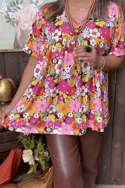 GJQ15678 Floral printed short rolled sleeve baby doll women top