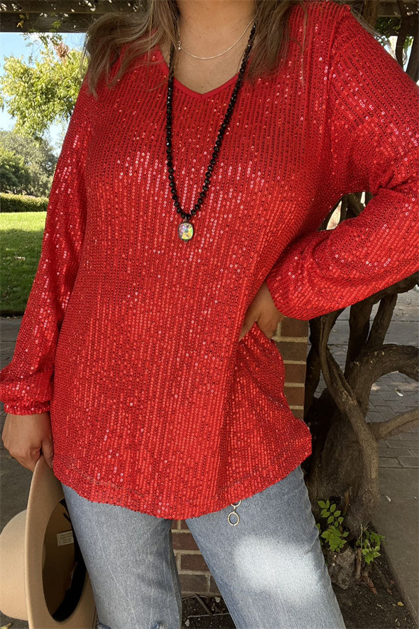 XCH15795 Sequin long sleeve women tops w/red lining