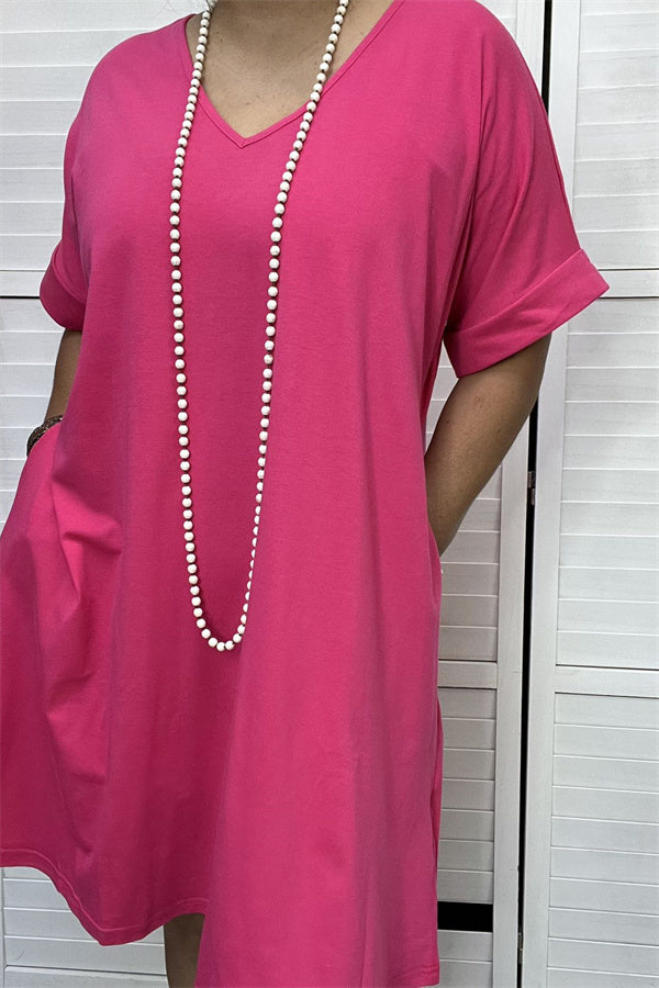 GJQ14591-1 Hot-pink women dress with short sleeve and v-neckline