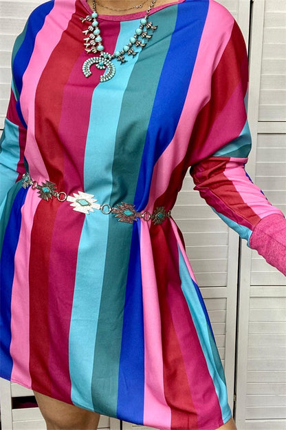  BQ6972  Multi-color striped long sleeve women dress w/waist band 