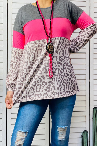 XCH14465 Grey & Pink & Leopard printed color block women top