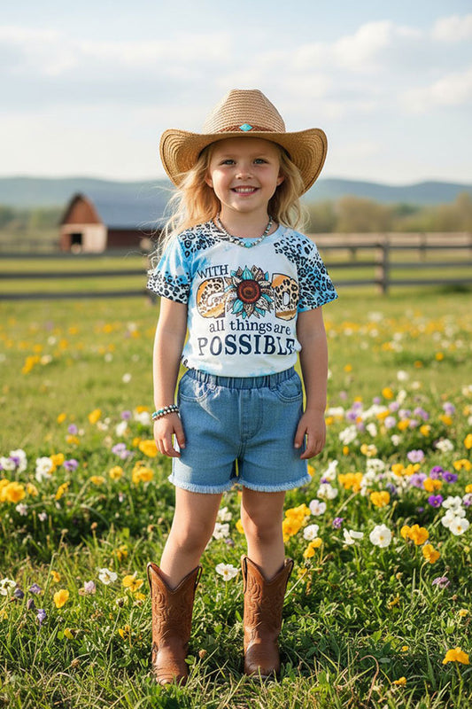 Girls t-shirt "With God All Things Are Possible" bleached blue animal print short sleeve DLH0923-08