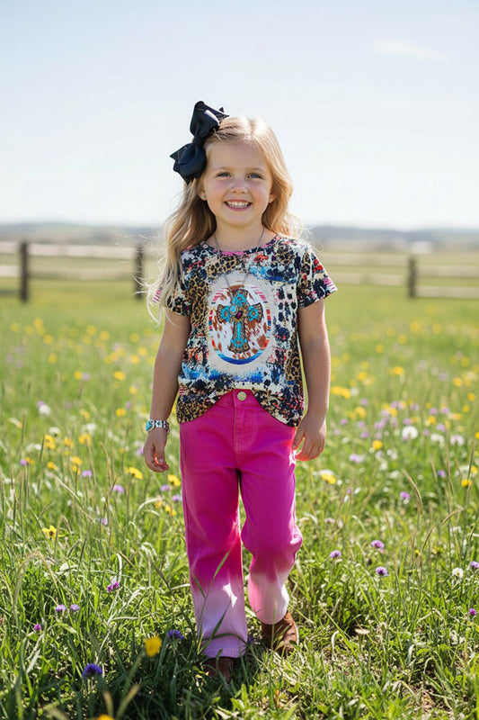 XCH0722-22H Sunflower & leopard cross short sleeve girls t-shirt