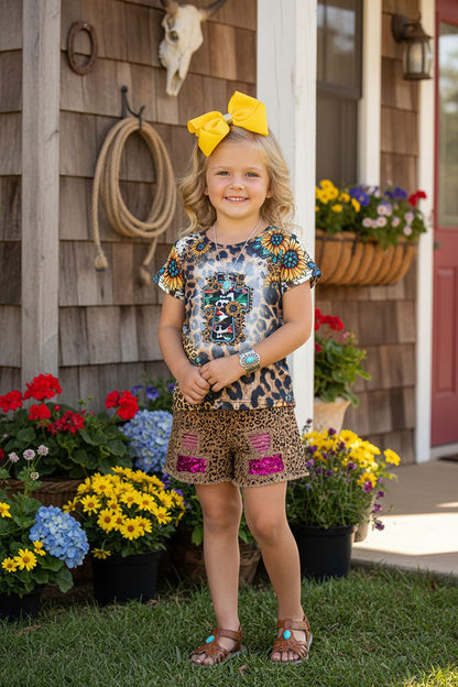 Western Leopard & sunflowers w/cross short sleeve girls t-shirt XCH0722-24H