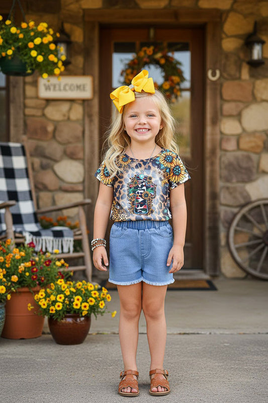 Western Leopard & sunflowers w/cross short sleeve girls t-shirt XCH0722-24H