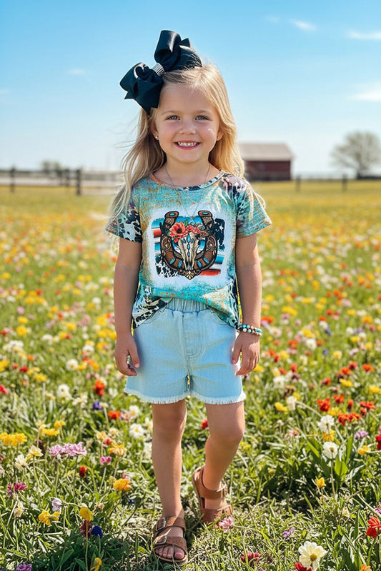 XCH0722-102H Horse shoe & bull skull printed short sleeve girl t-shirt