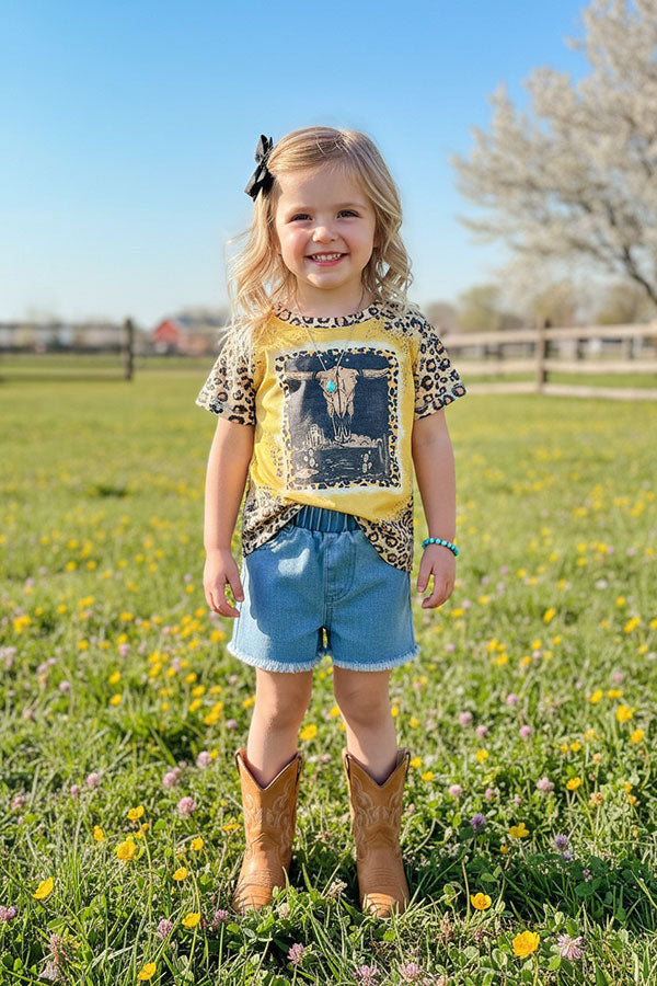 Children's clothing wholesale Leopard bull skull printed short sleeve girls top DLH0923-26