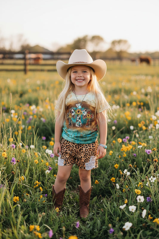 Whoelsale girls clothing Teal & brown animal print crosses short sleeve shirt DLH0923-07