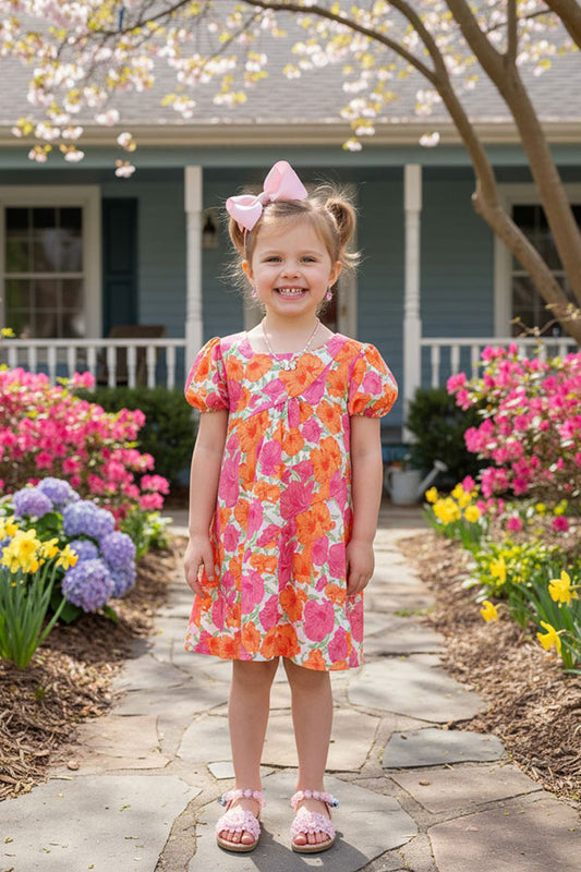 Floral asymmetry girls dress wholesale w/short sleeves DLH2869