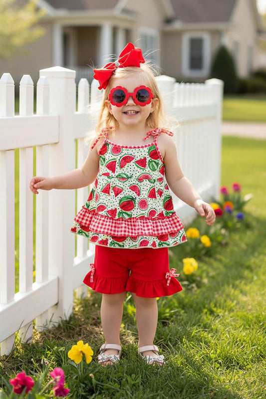 Green & red watermelon 2pc ruffle girls set XCH0666-3H