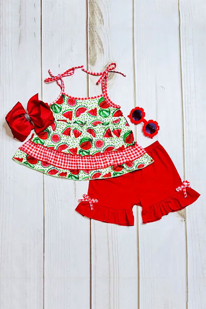 Green & red watermelon 2pc ruffle girls set XCH0666-3H