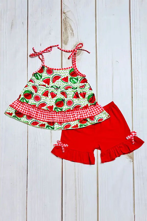 Green & red watermelon 2pc ruffle girls set XCH0666-3H