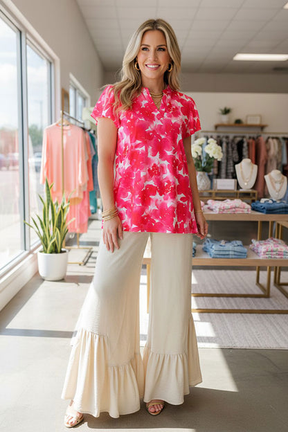 Chic Red and pink floral printed short sleeve V-neckline women's boutique top GJQ15835