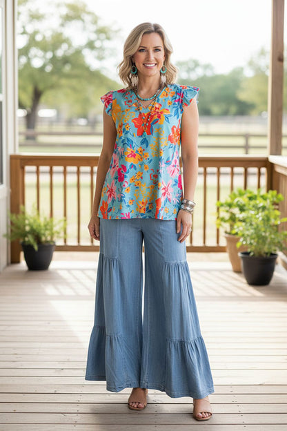 Chic floral print flutter sleeve women boutique tops Southern Stitch GJQ15909