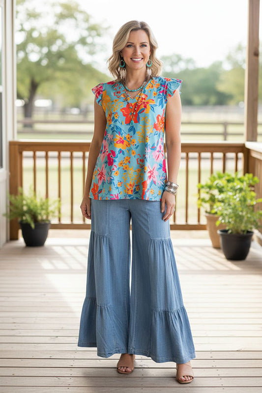 Chic floral print flutter sleeve women boutique tops Southern Stitch GJQ15909
