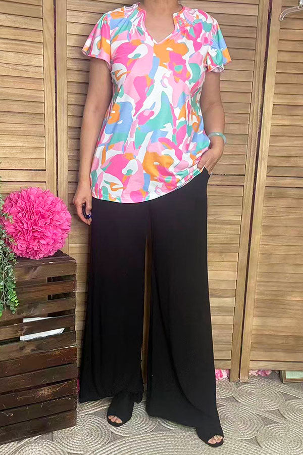 Multi color prints & ruffle short sleeve & featured collar GJQ16040