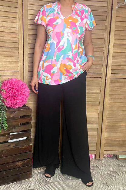Multi color prints & ruffle short sleeve & featured collar GJQ16040