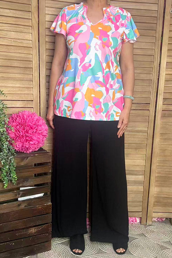 Multi color prints & ruffle short sleeve & featured collar GJQ16040