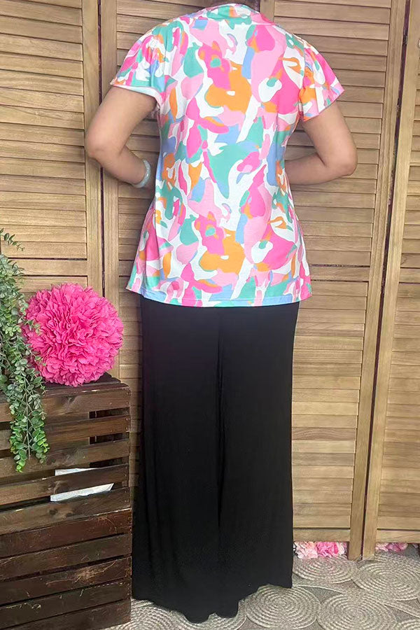 Multi color prints & ruffle short sleeve & featured collar GJQ16040