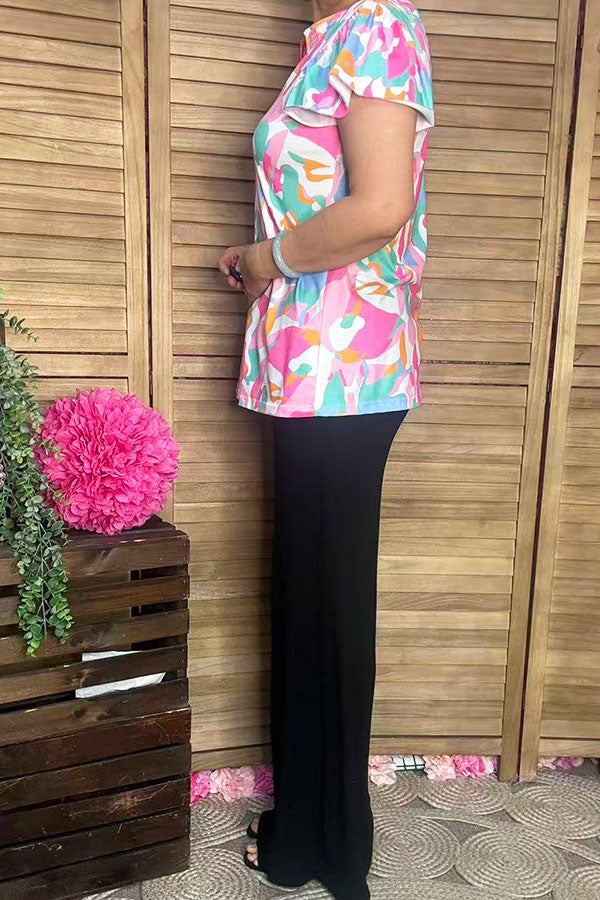 Multi color prints & ruffle short sleeve & featured collar GJQ16040