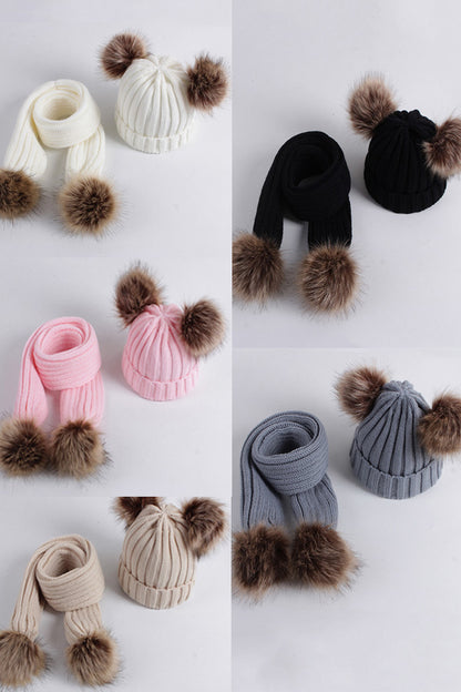Knitted matching hat & scarf with pompoms one size for kids