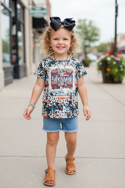 Blessed cow printed girl t-shirt & shorts 2pc girls set XCH0722-14H/XCH09001