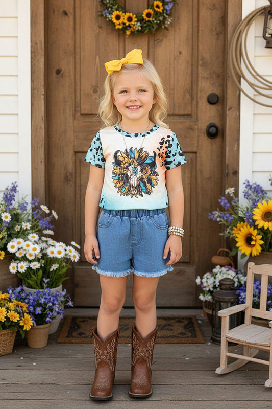 Sunflower girl t-shirt & denim shorts 2pc girls set DLH1017-10/XCH09002