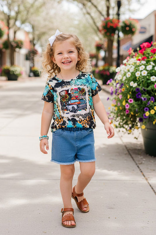 JUST A Small town girl t-shirt & blue shorts 2pc girls set XCH0722-3H/XCH09002