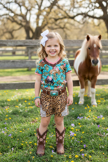 Turquoise aztec & cow prints short sleeve girls t-shirt & leopard shorts girls set DLH10821-2/DLH2771