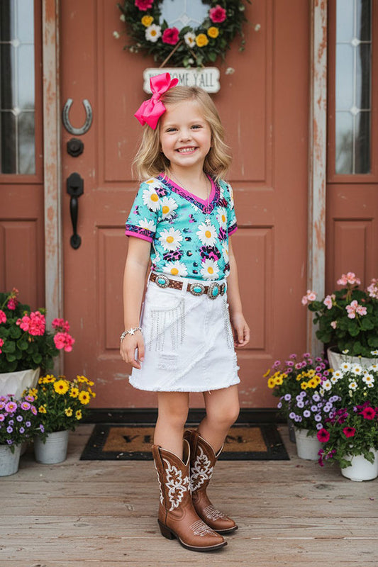 Western daisy & animal girls t-shirt & white skirt 2pc girls set DLH10821-1 DLH2619