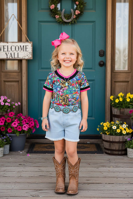 Western girls t-shirt & blue shorts 2pc girls set DLH1215-26/XCH09001