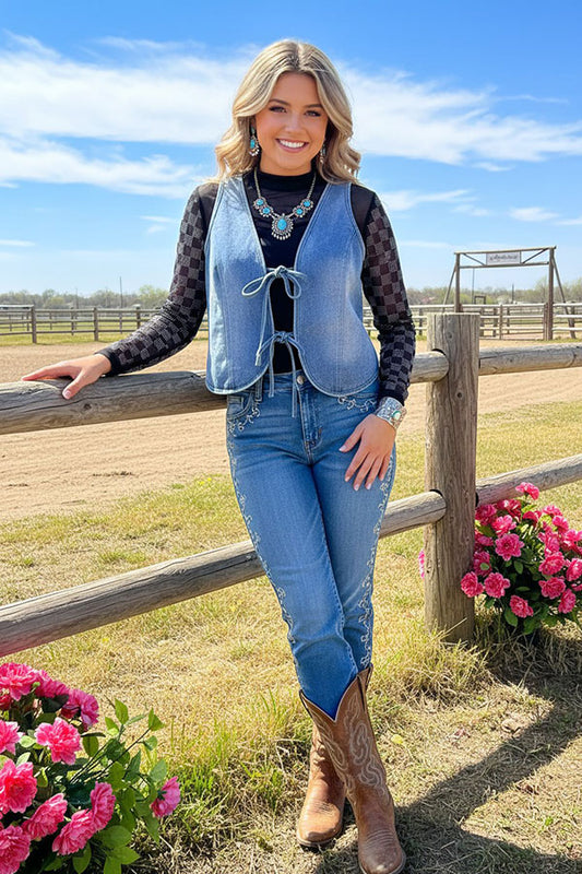 Southern Stitch washed blue denim fabric sleeveless women vest XCH16848