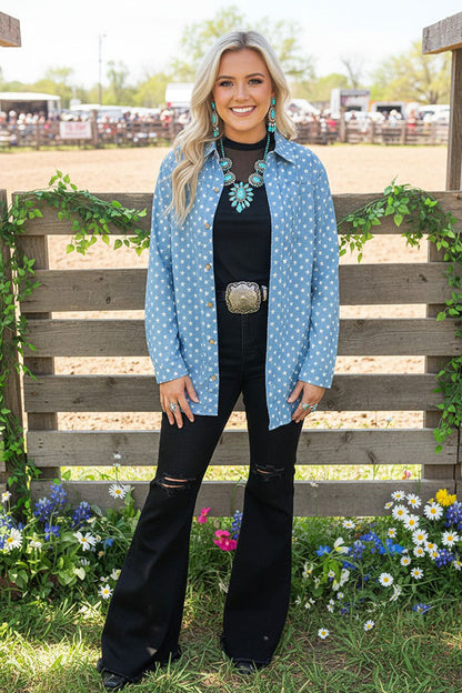 4th of July washed denim stars button up women's blouse DLH14691